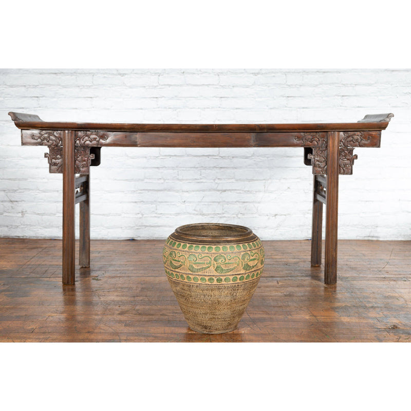 Vintage Thai Brown Ceramic Jar with Green Scrolling and Spherical Accents-4. Asian & Chinese Furniture, Art, Antiques, Vintage Home Décor for sale at FEA Home