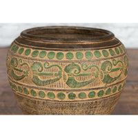 Vintage Thai Brown Ceramic Jar with Green Scrolling and Spherical Accents