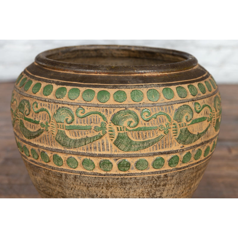 Vintage Thai Brown Ceramic Jar with Green Scrolling and Spherical Accents-5. Asian & Chinese Furniture, Art, Antiques, Vintage Home Décor for sale at FEA Home