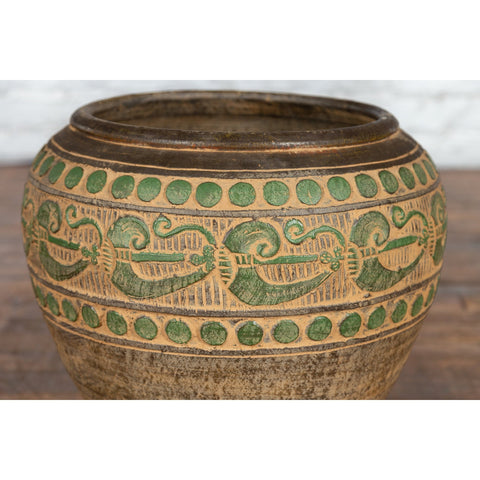 Vintage Thai Brown Ceramic Jar with Green Scrolling and Spherical Accents-5. Asian & Chinese Furniture, Art, Antiques, Vintage Home Décor for sale at FEA Home
