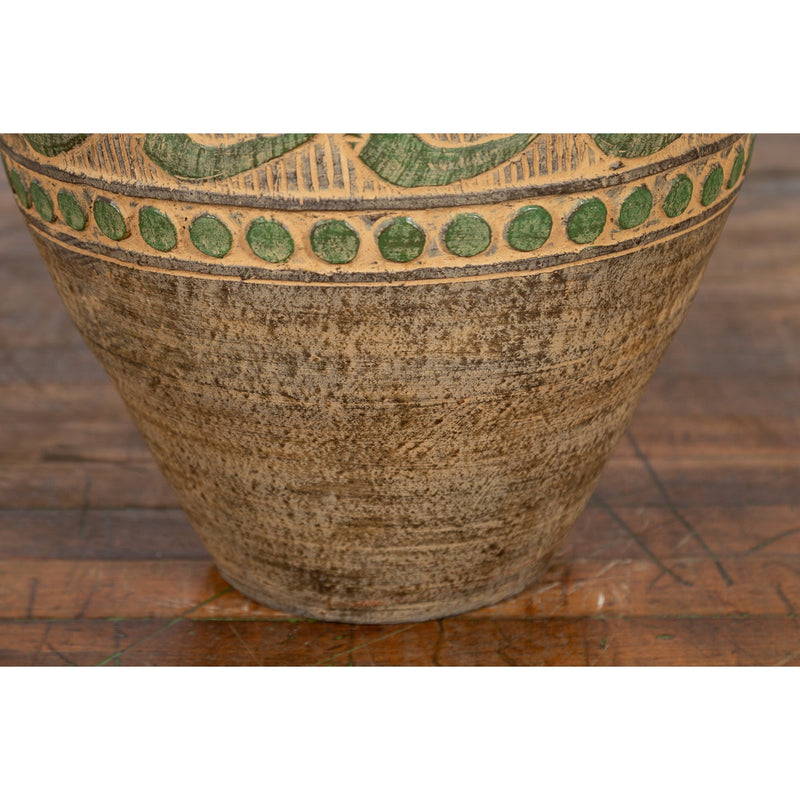Vintage Thai Brown Ceramic Jar with Green Scrolling and Spherical Accents-6. Asian & Chinese Furniture, Art, Antiques, Vintage Home Décor for sale at FEA Home