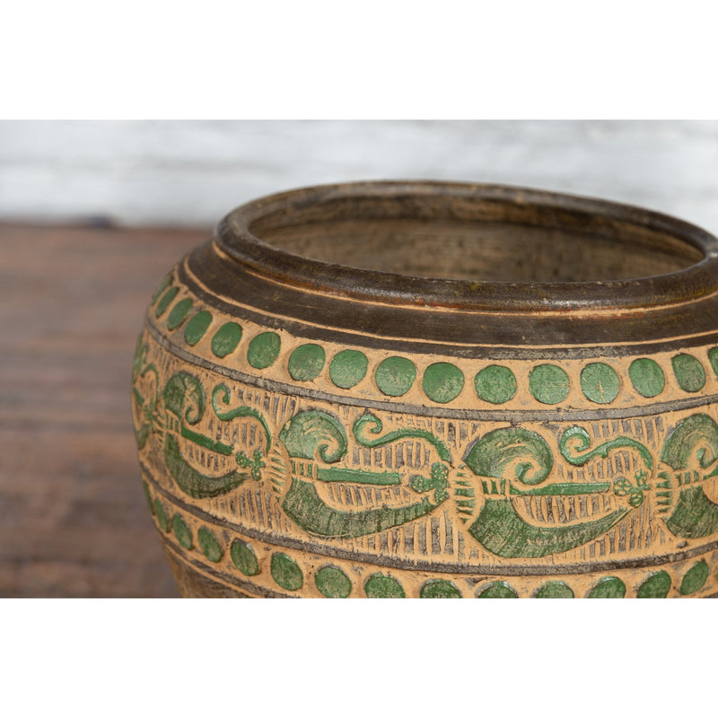 Vintage Thai Brown Ceramic Jar with Green Scrolling and Spherical Accents-7. Asian & Chinese Furniture, Art, Antiques, Vintage Home Décor for sale at FEA Home