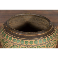 Vintage Thai Brown Ceramic Jar with Green Scrolling and Spherical Accents