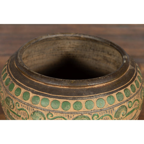 Vintage Thai Brown Ceramic Jar with Green Scrolling and Spherical Accents-8. Asian & Chinese Furniture, Art, Antiques, Vintage Home Décor for sale at FEA Home