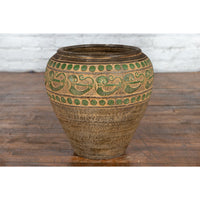 Vintage Thai Brown Ceramic Jar with Green Scrolling and Spherical Accents