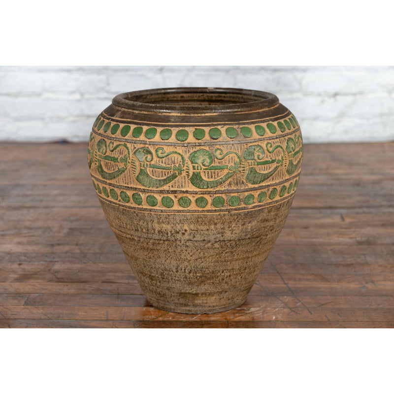 Vintage Thai Brown Ceramic Jar with Green Scrolling and Spherical Accents-9. Asian & Chinese Furniture, Art, Antiques, Vintage Home Décor for sale at FEA Home