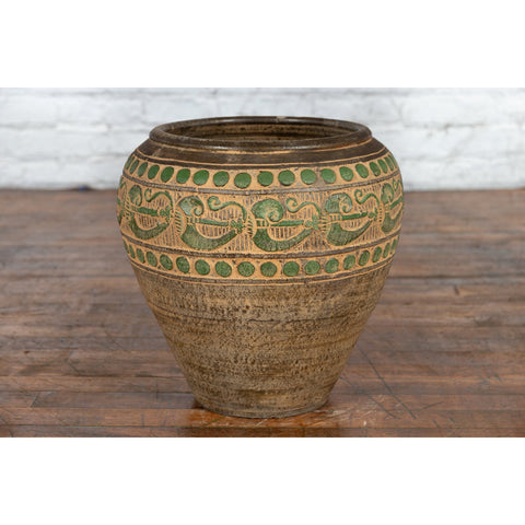 Vintage Thai Brown Ceramic Jar with Green Scrolling and Spherical Accents-9. Asian & Chinese Furniture, Art, Antiques, Vintage Home Décor for sale at FEA Home