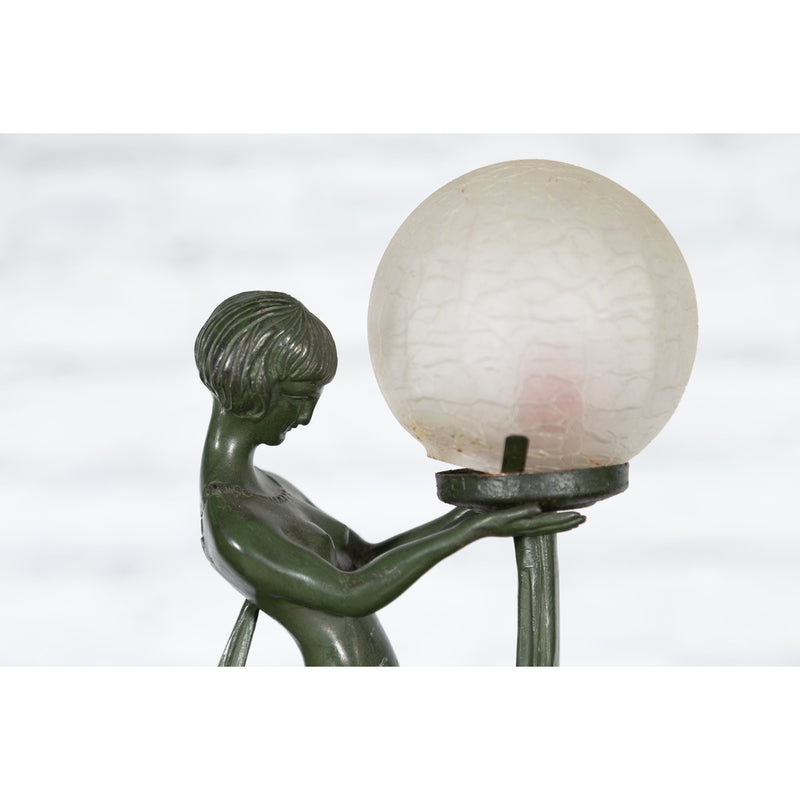 Vintage Bronze Table Lamp of a Maiden Holding a Large Glass Sphere on Base - Antique Chinese and Vintage Asian Furniture for Sale at FEA Home