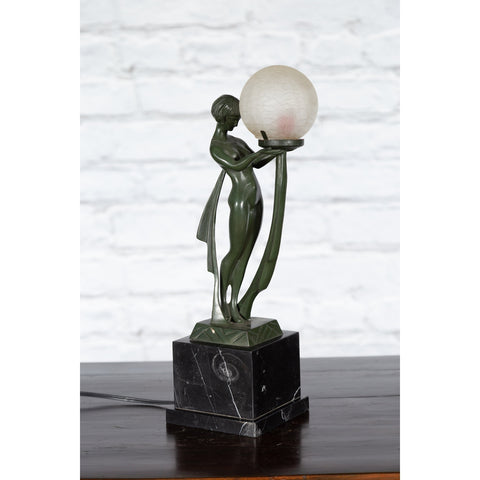 Vintage Bronze Table Lamp of a Maiden Holding a Large Glass Sphere on Base