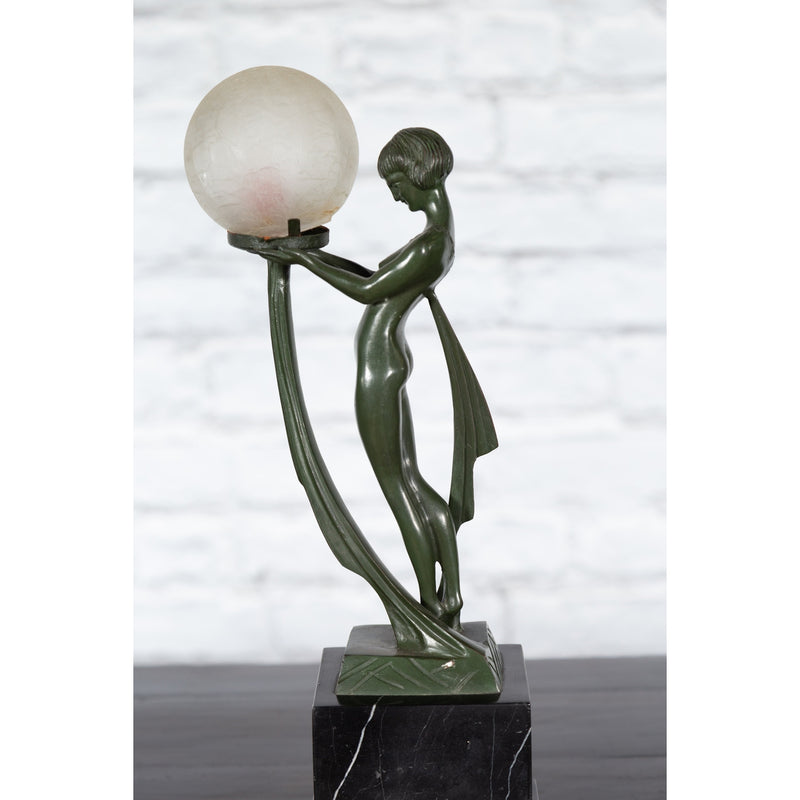 Vintage Bronze Table Lamp of a Maiden Holding a Large Glass Sphere on Base - Antique Chinese and Vintage Asian Furniture for Sale at FEA Home