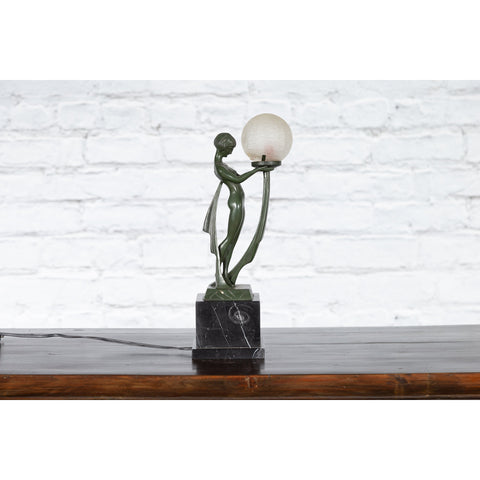 Vintage Bronze Table Lamp of a Maiden Holding a Large Glass Sphere on Base