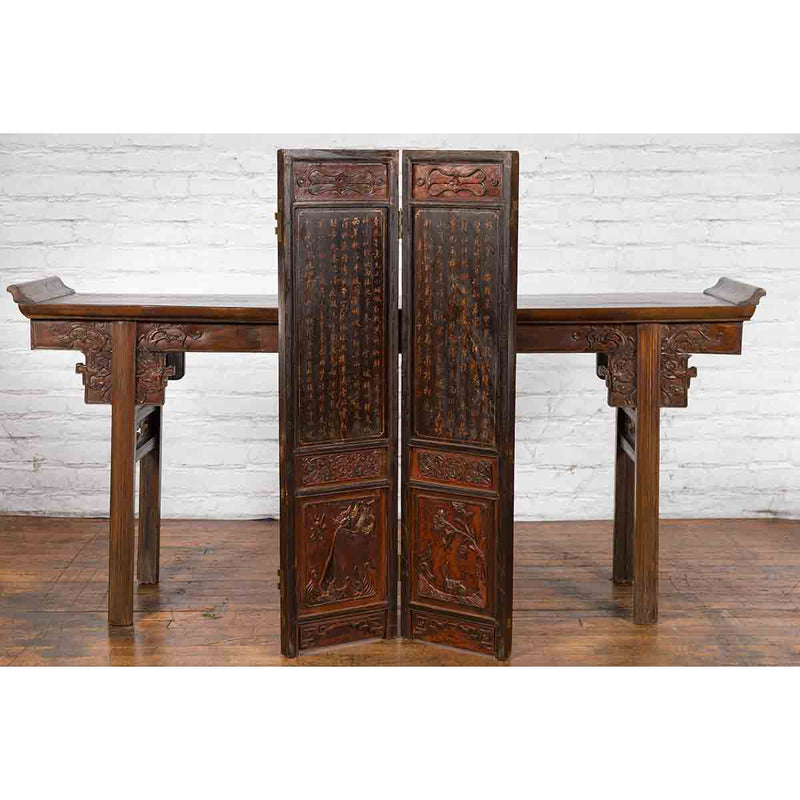 Chinese Early 20th Century Brown and Red Two-Panel Screen with Calligraphy