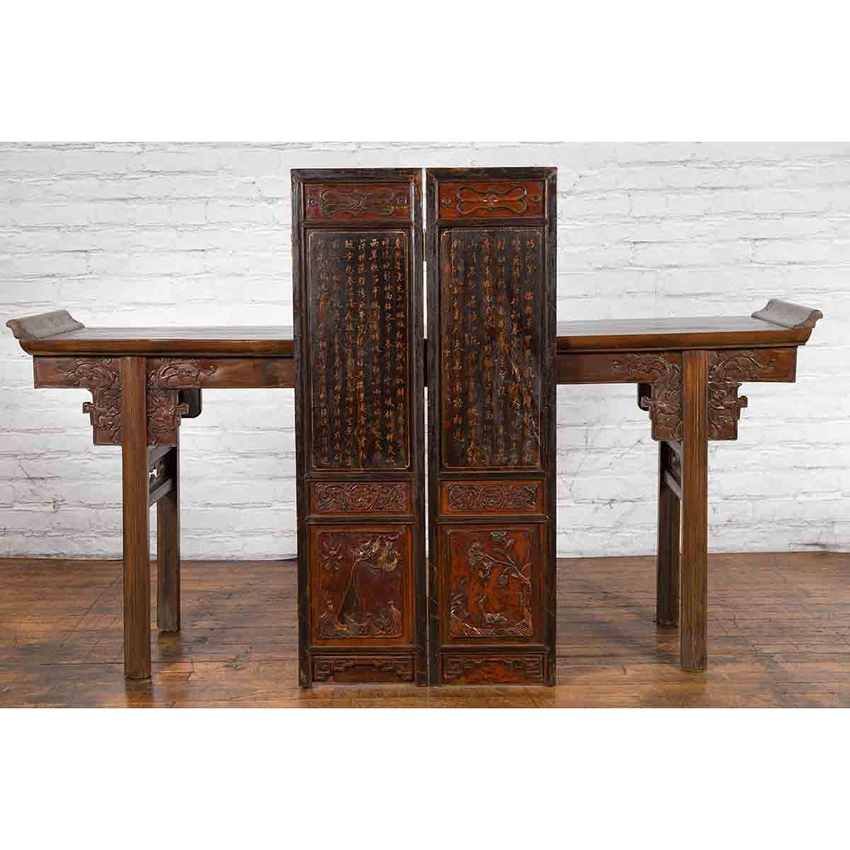 Chinese Early 20th Century Brown and Red Two-Panel Screen with Calligraphy-5. Asian &amp; Chinese Furniture, Art, Antiques, Vintage Home Décor for sale at FEA Home