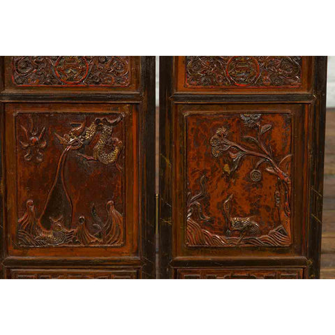 Chinese Early 20th Century Brown and Red Two-Panel Screen with Calligraphy