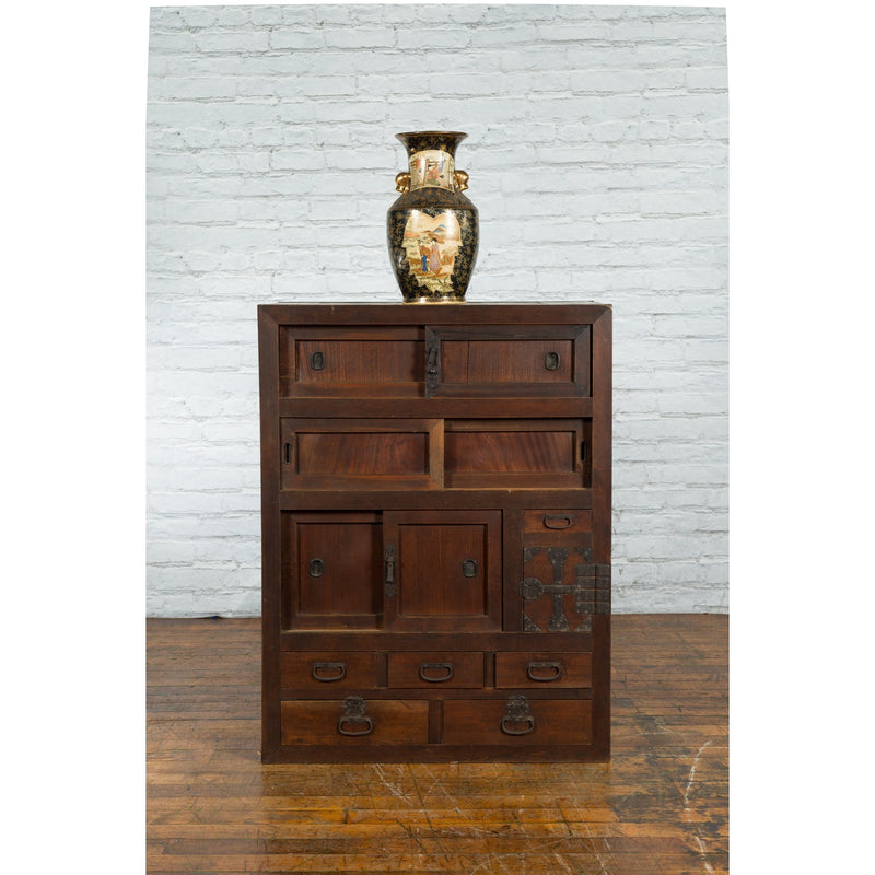 Japanese 19th Century Kitchen Cabinet with Sliding Doors, Safe and Drawers - Antique Chinese and Vintage Asian Furniture for Sale at FEA Home