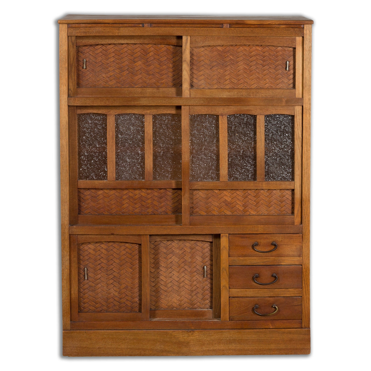 Japanese Antique Kitchen Cabinet with Sliding Doors, Rattan and Glass Panels-1. Asian & Chinese Furniture, Art, Antiques, Vintage Home Décor for sale at FEA Home