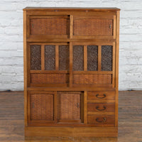 Japanese Antique Kitchen Cabinet with Sliding Doors, Rattan and Glass Panels