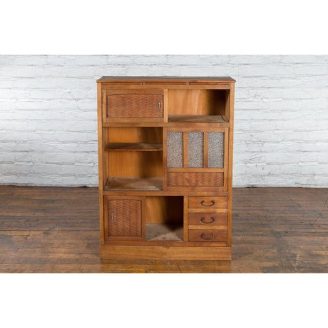 Japanese Antique Kitchen Cabinet with Sliding Doors, Rattan and Glass Panels - Antique Chinese and Vintage Asian Furniture for Sale at FEA Home
