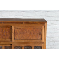 Japanese Antique Kitchen Cabinet with Sliding Doors, Rattan and Glass Panels