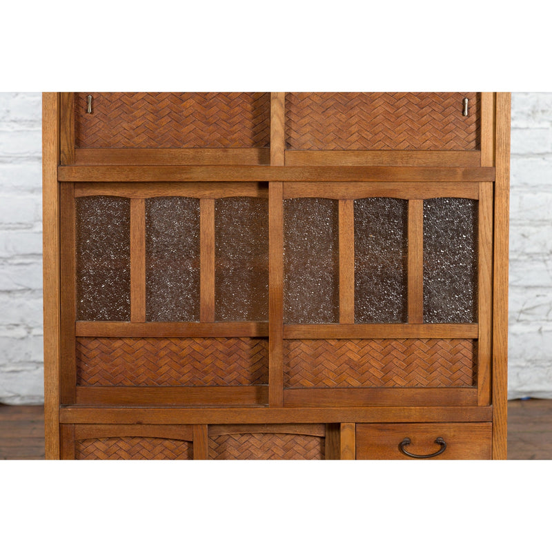 Japanese Antique Kitchen Cabinet with Sliding Doors, Rattan and Glass Panels - Antique Chinese and Vintage Asian Furniture for Sale at FEA Home