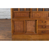 Japanese Antique Kitchen Cabinet with Sliding Doors, Rattan and Glass Panels
