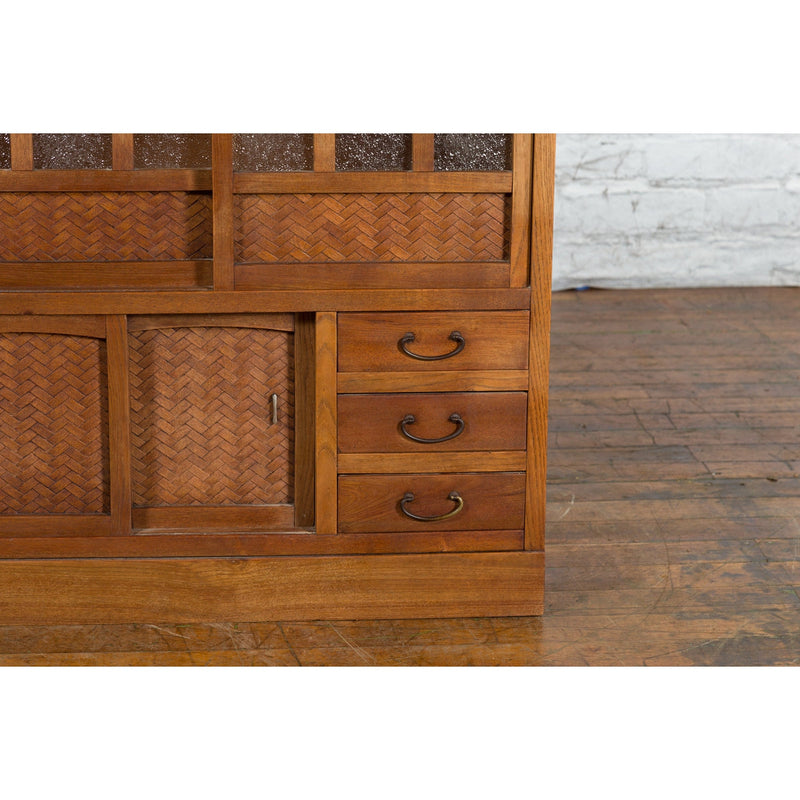 Japanese Antique Kitchen Cabinet with Sliding Doors, Rattan and Glass Panels - Antique Chinese and Vintage Asian Furniture for Sale at FEA Home