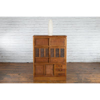 Japanese Antique Kitchen Cabinet with Sliding Doors, Rattan and Glass Panels