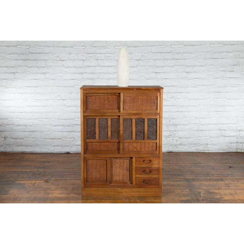 Japanese Antique Kitchen Cabinet with Sliding Doors, Rattan and Glass Panels - Antique Chinese and Vintage Asian Furniture for Sale at FEA Home