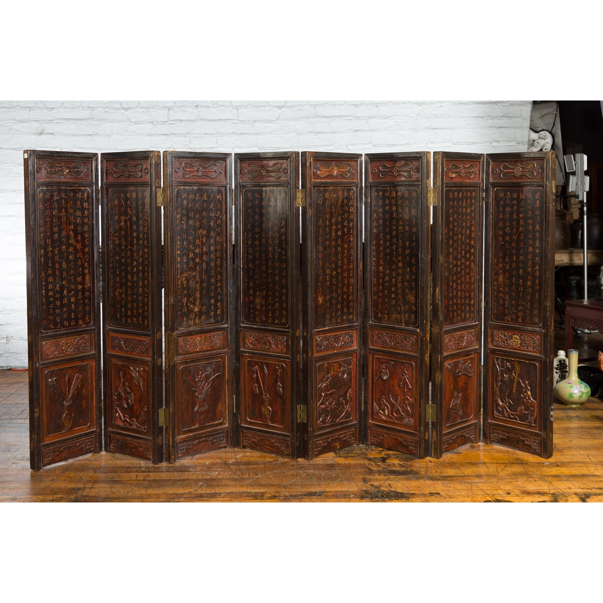 Chinese Early 20th Century Brown and Red Eight-Panel Screen with Calligraphy-3. Asian &amp; Chinese Furniture, Art, Antiques, Vintage Home Décor for sale at FEA Home