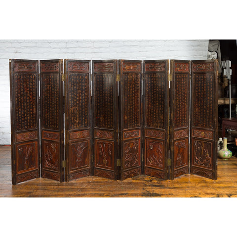 Chinese Early 20th Century Brown and Red Eight-Panel Screen with Calligraphy-3. Asian & Chinese Furniture, Art, Antiques, Vintage Home Décor for sale at FEA Home