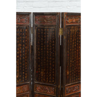 Chinese Early 20th Century Brown and Red Eight-Panel Screen with Calligraphy