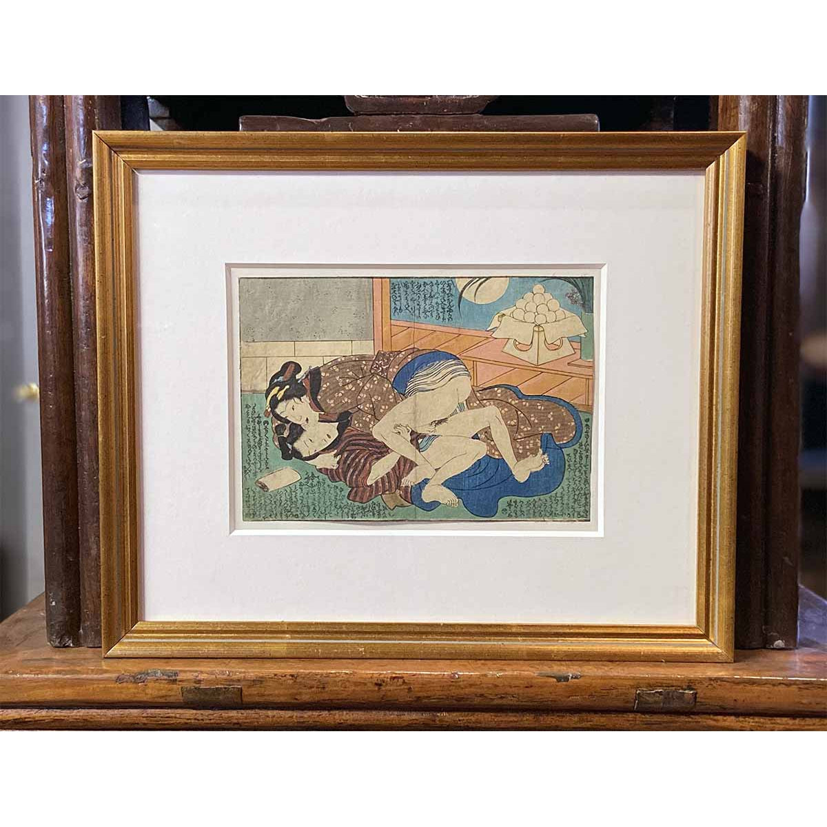 Antique Framed Japanese Shunga Woodblock Print of Two Women Making Love-5. Asian &amp; Chinese Furniture, Art, Antiques, Vintage Home Décor for sale at FEA Home