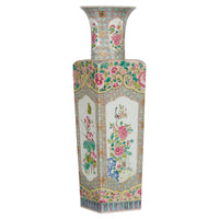 Vintage Chinese Square Shaped Vase with Pink Flowers, Green Foliage and Birds