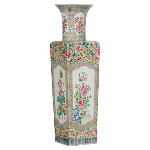 Vintage Chinese Square Shaped Vase with Pink Flowers, Green Foliage and Birds - Antique Chinese and Vintage Asian Furniture for Sale at FEA Home