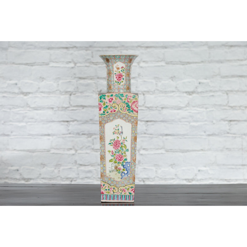 Vintage Chinese Square Shaped Vase with Pink Flowers, Green Foliage and Birds - Antique Chinese and Vintage Asian Furniture for Sale at FEA Home