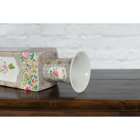 Vintage Chinese Square Shaped Vase with Pink Flowers, Green Foliage and Birds - Antique Chinese and Vintage Asian Furniture for Sale at FEA Home