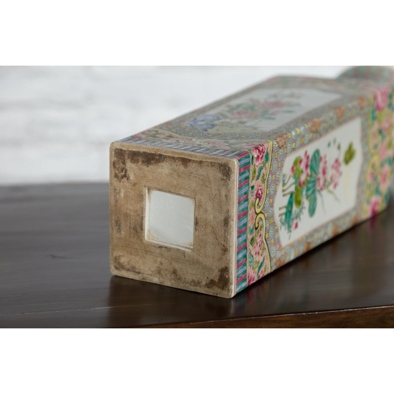 Vintage Chinese Square Shaped Vase with Pink Flowers, Green Foliage and Birds - Antique Chinese and Vintage Asian Furniture for Sale at FEA Home