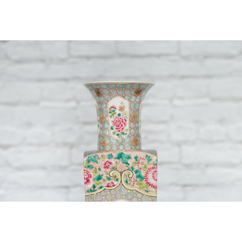 Vintage Chinese Square Shaped Vase with Pink Flowers, Green Foliage and Birds - Antique Chinese and Vintage Asian Furniture for Sale at FEA Home