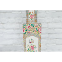 Vintage Chinese Square Shaped Vase with Pink Flowers, Green Foliage and Birds