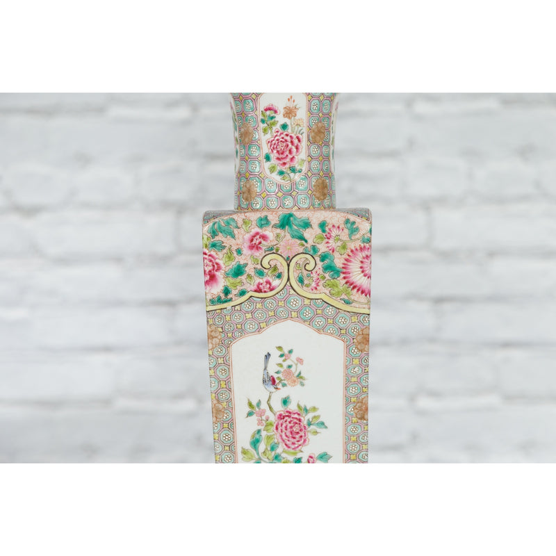 Vintage Chinese Square Shaped Vase with Pink Flowers, Green Foliage and Birds - Antique Chinese and Vintage Asian Furniture for Sale at FEA Home