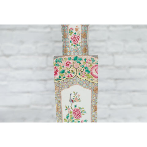 Vintage Chinese Square Shaped Vase with Pink Flowers, Green Foliage and Birds - Antique Chinese and Vintage Asian Furniture for Sale at FEA Home