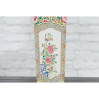 Vintage Chinese Square Shaped Vase with Pink Flowers, Green Foliage and Birds