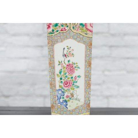 Vintage Chinese Square Shaped Vase with Pink Flowers, Green Foliage and Birds - Antique Chinese and Vintage Asian Furniture for Sale at FEA Home