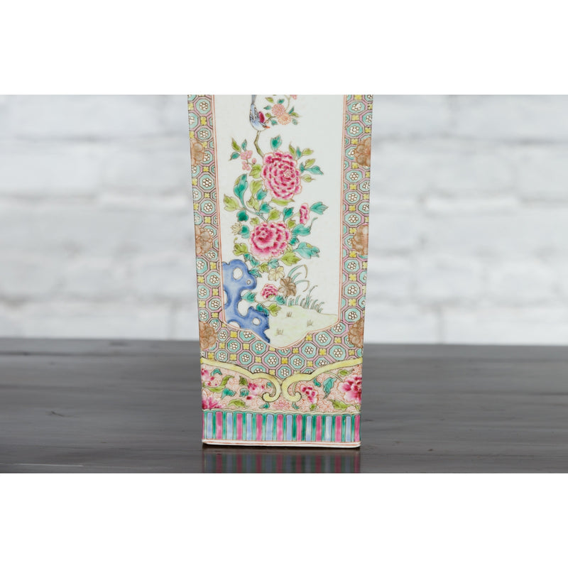Vintage Chinese Square Shaped Vase with Pink Flowers, Green Foliage and Birds - Antique Chinese and Vintage Asian Furniture for Sale at FEA Home