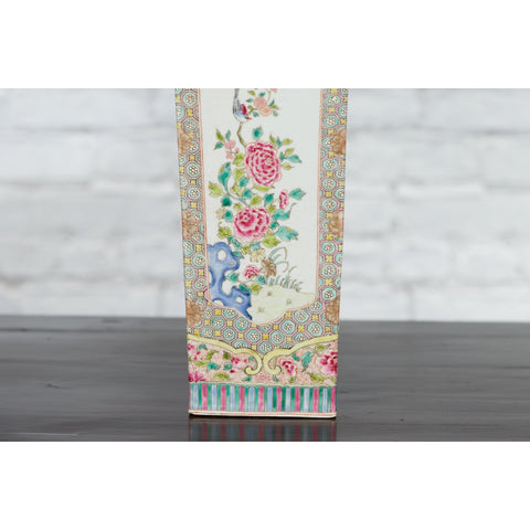 Vintage Chinese Square Shaped Vase with Pink Flowers, Green Foliage and Birds - Antique Chinese and Vintage Asian Furniture for Sale at FEA Home