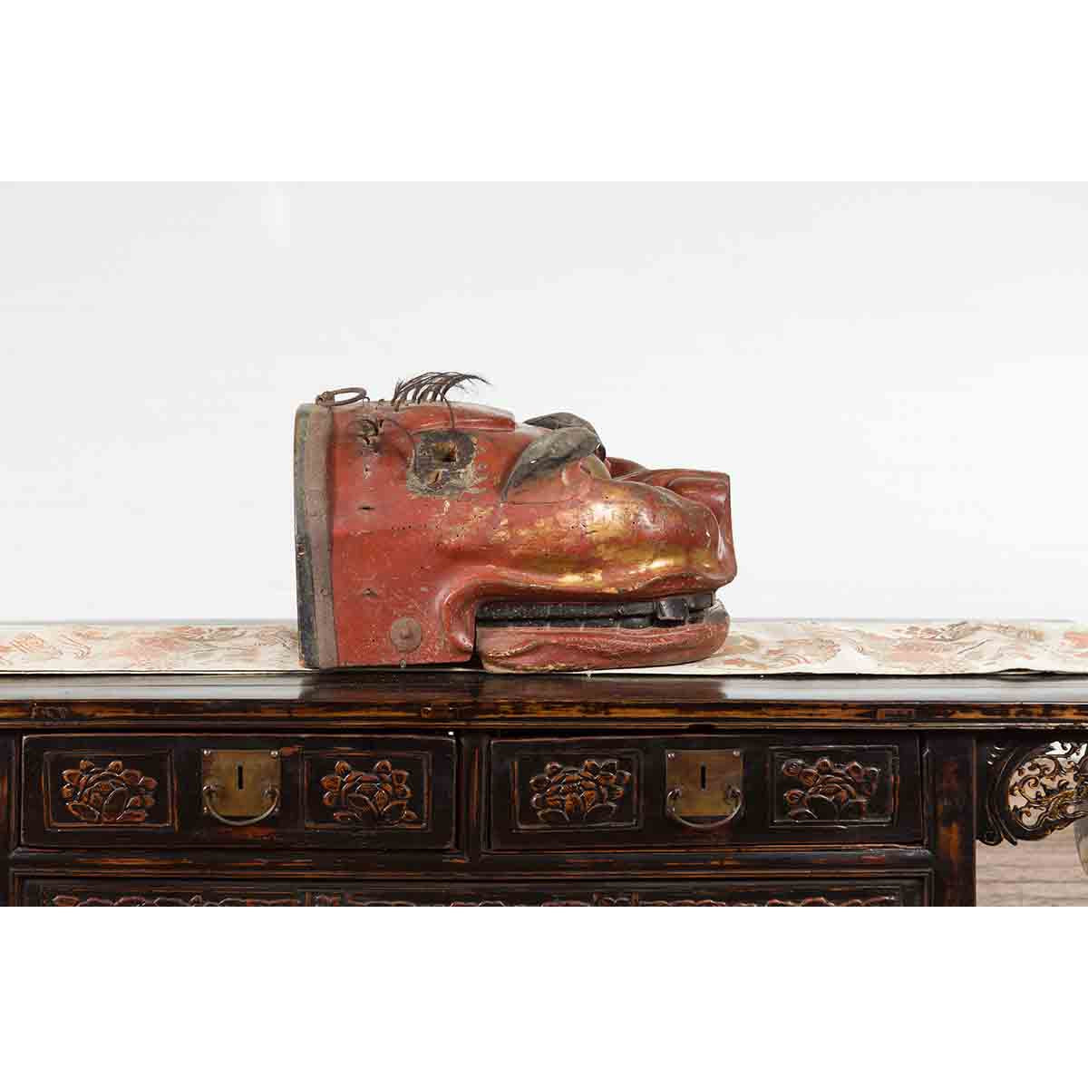 Japanese Edo Period Noh Theater Mask with Red, Black and Golden Patina-5. Asian &amp; Chinese Furniture, Art, Antiques, Vintage Home Décor for sale at FEA Home