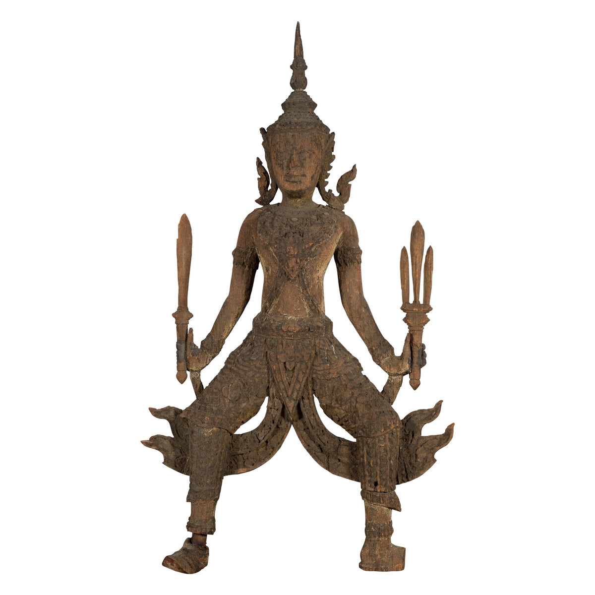 Hand-Carved Wooden Temple Sculpture Depicting a Thai Warrior Ready for Battle-1. Asian & Chinese Furniture, Art, Antiques, Vintage Home Décor for sale at FEA Home