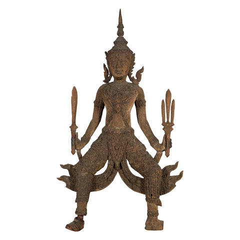 Hand-Carved Wooden Temple Sculpture Depicting a Thai Warrior Ready for Battle-YNE568-1. Asian & Chinese Furniture, Art, Antiques, Vintage Home Décor for sale at FEA Home