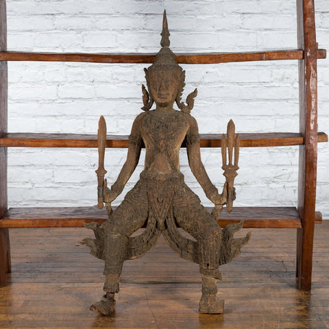 Hand-Carved Wooden Temple Sculpture Depicting a Thai Warrior Ready for Battle-YNE568-2. Asian & Chinese Furniture, Art, Antiques, Vintage Home Décor for sale at FEA Home