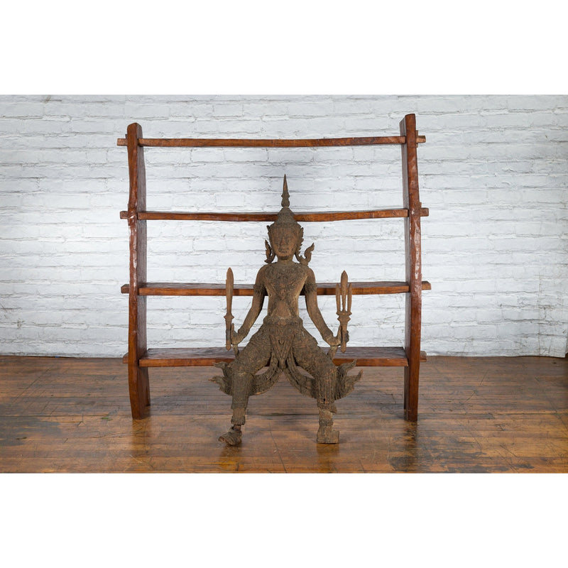 Hand-Carved Wooden Temple Sculpture Depicting a Thai Warrior Ready for Battle-YNE568-3. Asian & Chinese Furniture, Art, Antiques, Vintage Home Décor for sale at FEA Home